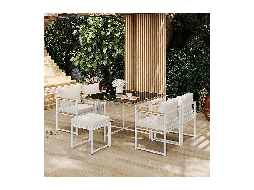 Ensemble 7 pièces extérieur 6 personnes table verre+rotin PE main courante acacia blanc