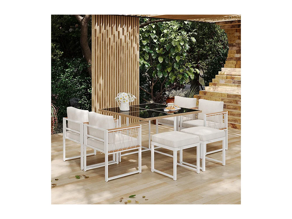 Ensemble 7 pièces extérieur 6 personnes table verre+rotin PE main courante acacia blanc