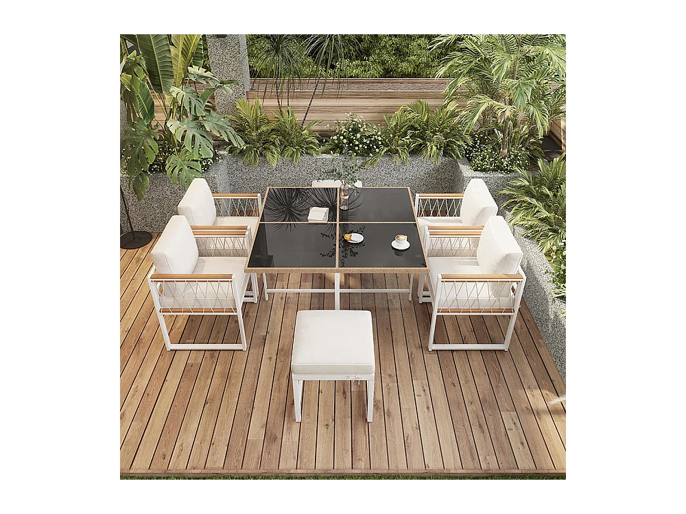 Ensemble 7 pièces extérieur 6 personnes table verre+rotin PE main courante acacia blanc