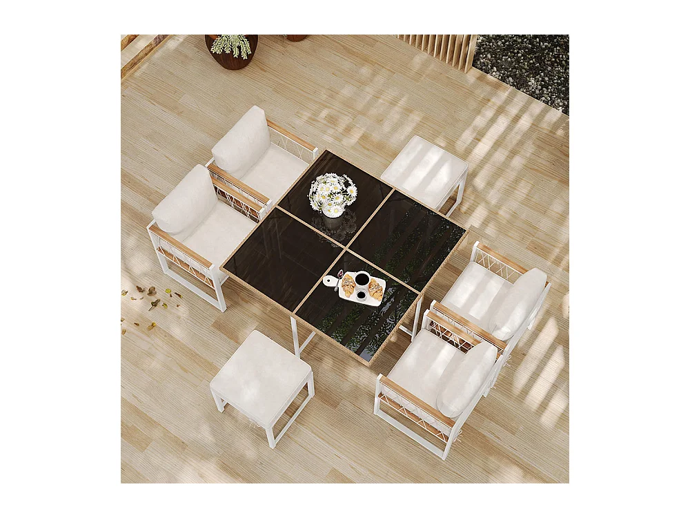 Ensemble 7 pièces extérieur 6 personnes table verre+rotin PE main courante acacia blanc