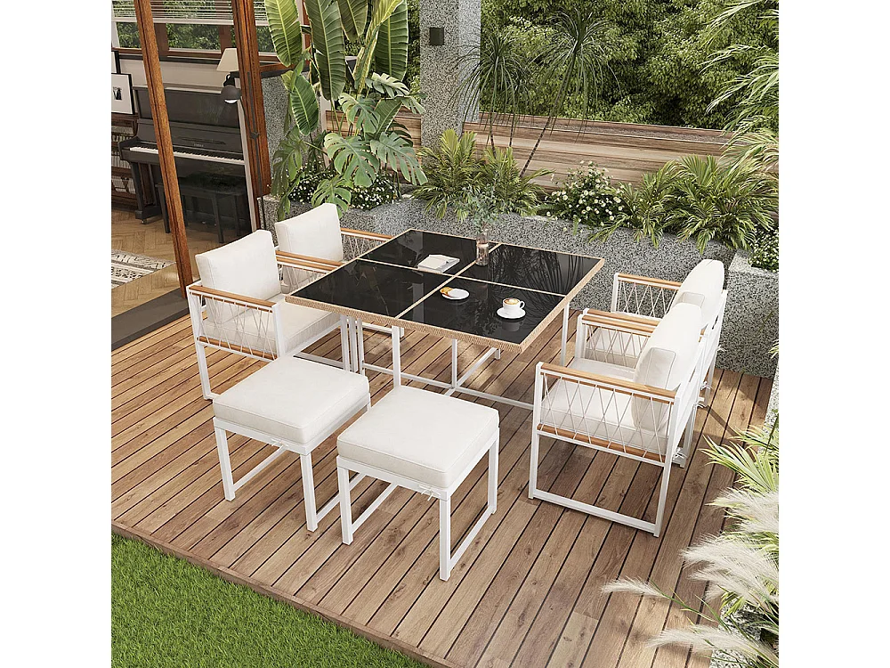 Ensemble 7 pièces extérieur 6 personnes table verre+rotin PE main courante acacia blanc