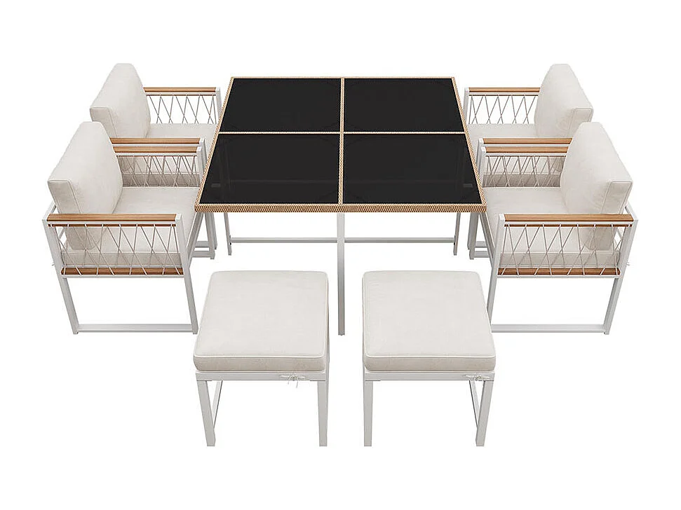 Ensemble 7 pièces extérieur 6 personnes table verre+rotin PE main courante acacia blanc