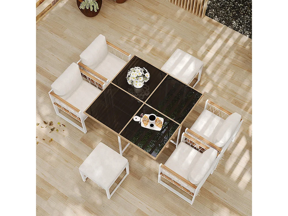 Ensemble 7 pièces extérieur 6 personnes table verre+rotin PE main courante acacia blanc