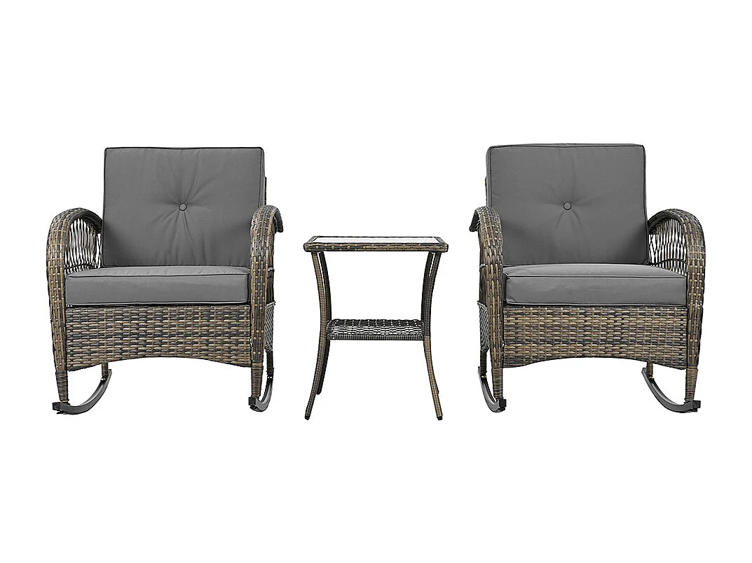 Ensemble table chaise de jardin en rotin Set 3 pièces plateau en acacia avec coussins gris capacité de charge 160 kg Gris