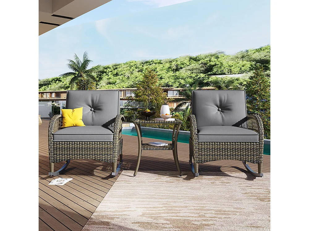 Ensemble table chaise de jardin en rotin Set 3 pièces plateau en acacia avec coussins gris capacité de charge 160 kg Gris