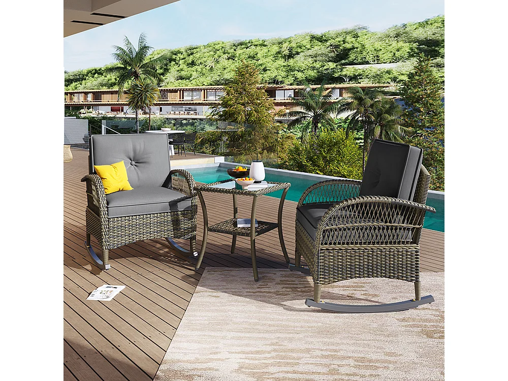 Ensemble table chaise de jardin en rotin Set 3 pièces plateau en acacia avec coussins gris capacité de charge 160 kg Gris