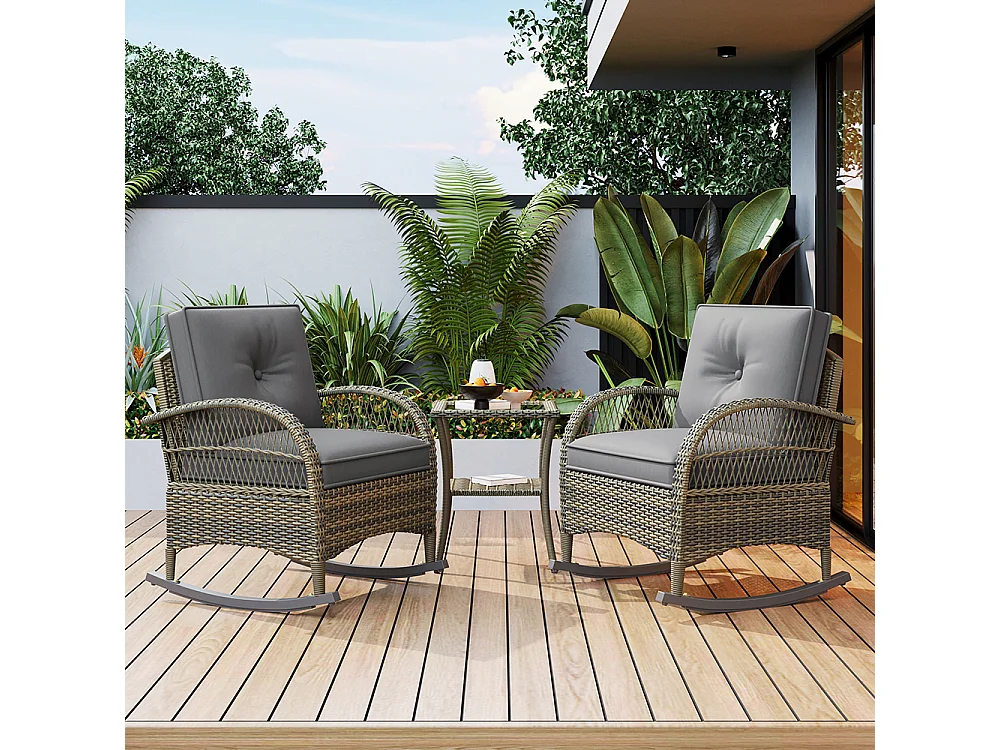 Ensemble table chaise de jardin en rotin Set 3 pièces plateau en acacia avec coussins gris capacité de charge 160 kg Gris