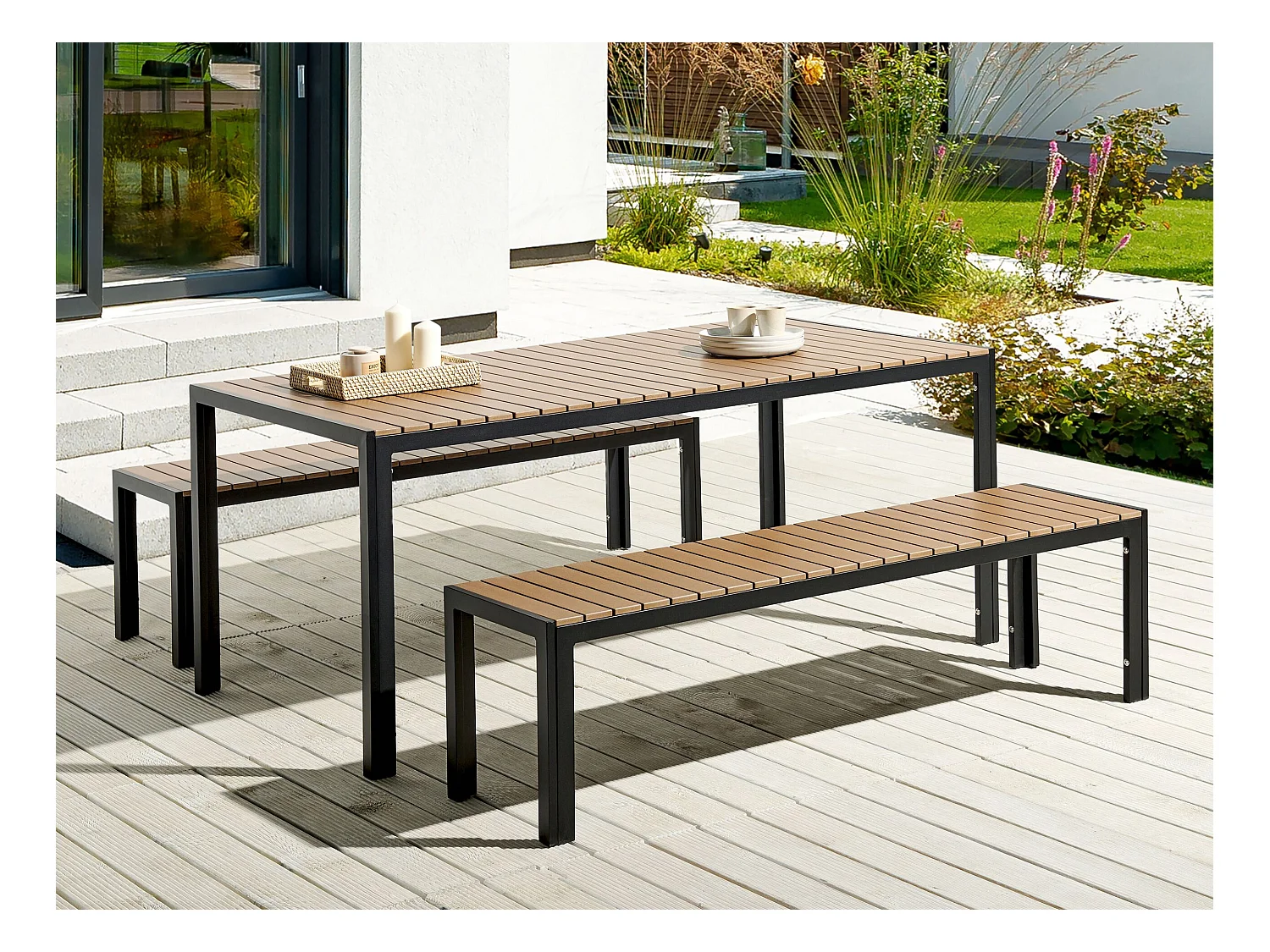 Salle à manger de jardin avec bancs 6 places NARDO Marron/noir