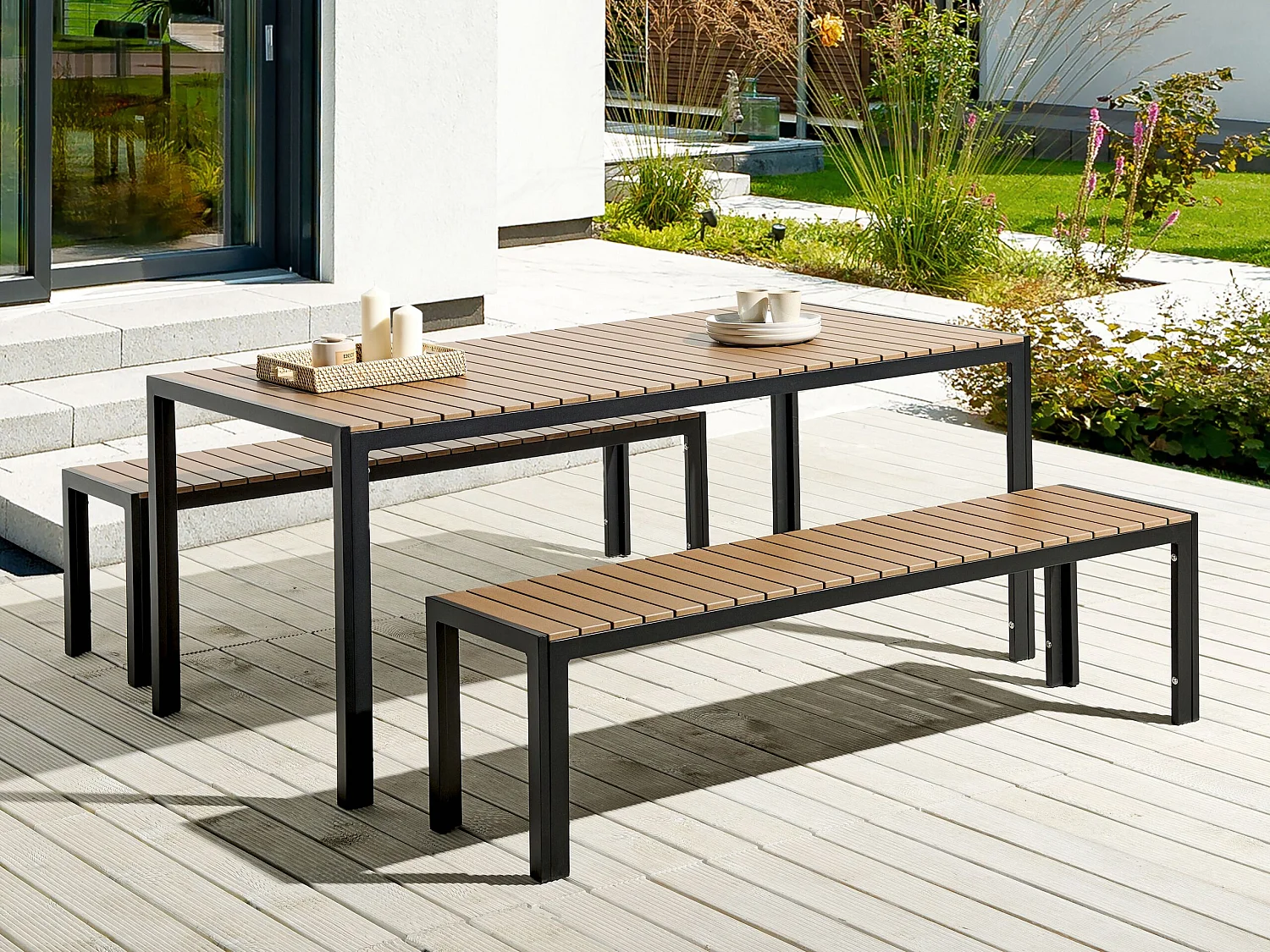 Salle à manger de jardin avec bancs 6 places NARDO Marron/noir