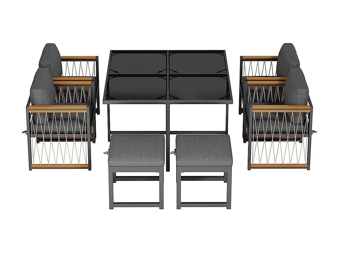 Ensemble extérieur 7 pièces 6 personnes table verre main courante acacia jardin gris