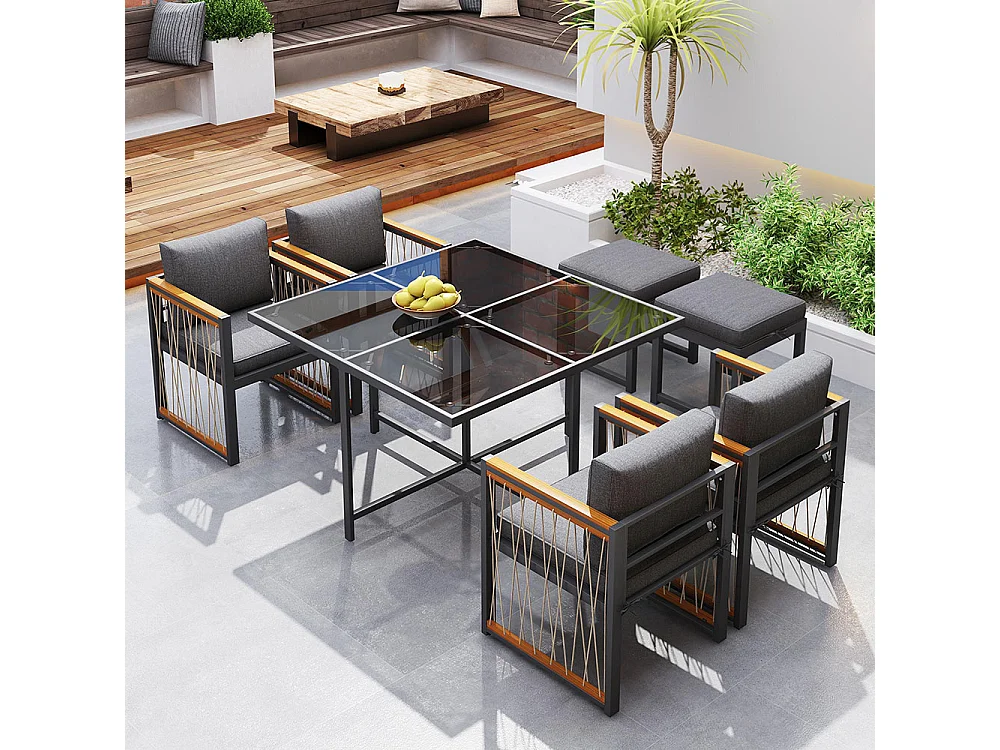 Ensemble extérieur 7 pièces 6 personnes table verre main courante acacia jardin gris