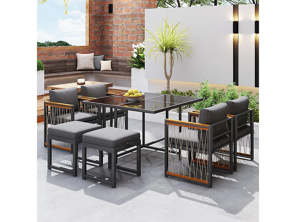 Ensemble extérieur 7 pièces 6 personnes table verre main courante acacia jardin gris