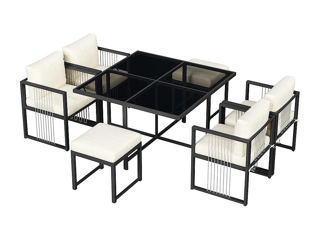 Ensemble 7 pièces extérieur 6 personnes table verre trempé pour jardin terrasse noir