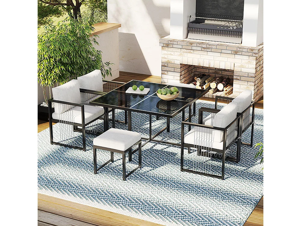 Ensemble 7 pièces extérieur 6 personnes table verre trempé pour jardin terrasse noir