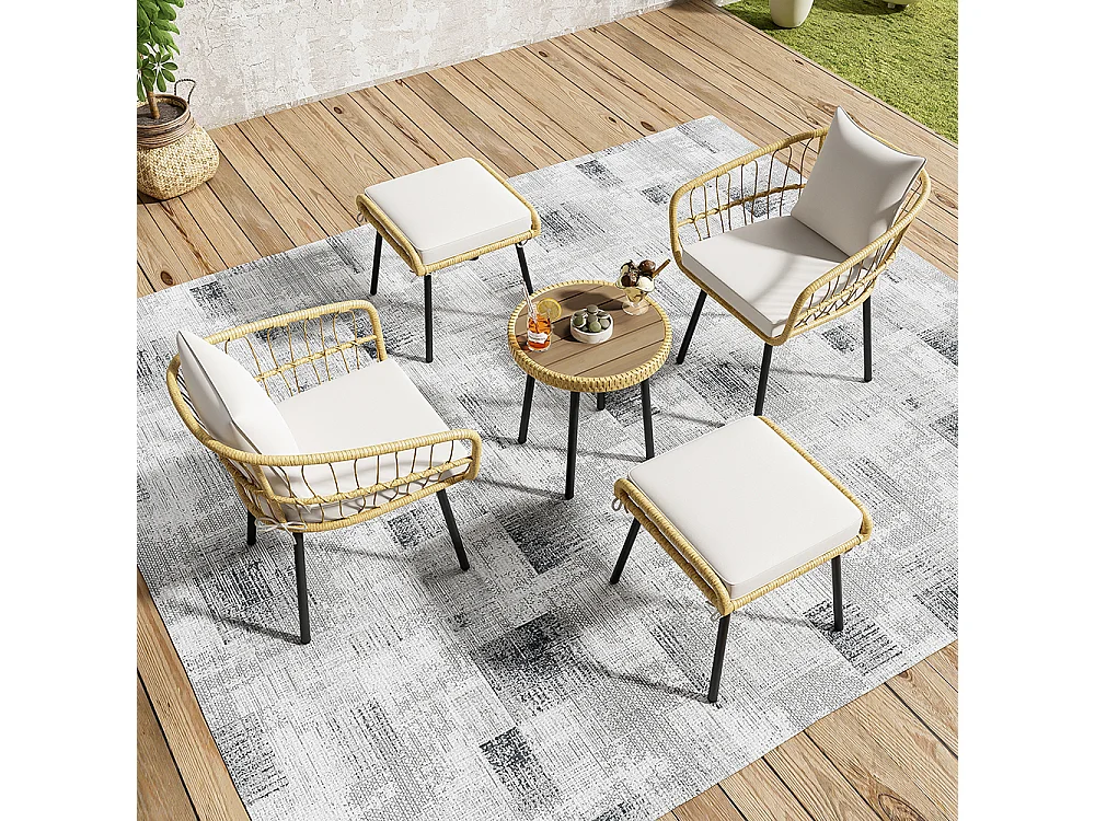 Ensemble table chaise de jardin Set 5 pièces composé d'une table à manger deux tabourets de meubles en rotin Naturel