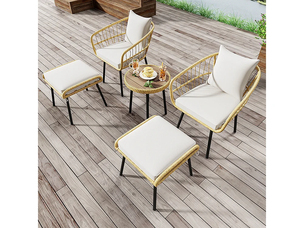 Ensemble table chaise de jardin Set 5 pièces composé d'une table à manger deux tabourets de meubles en rotin Naturel