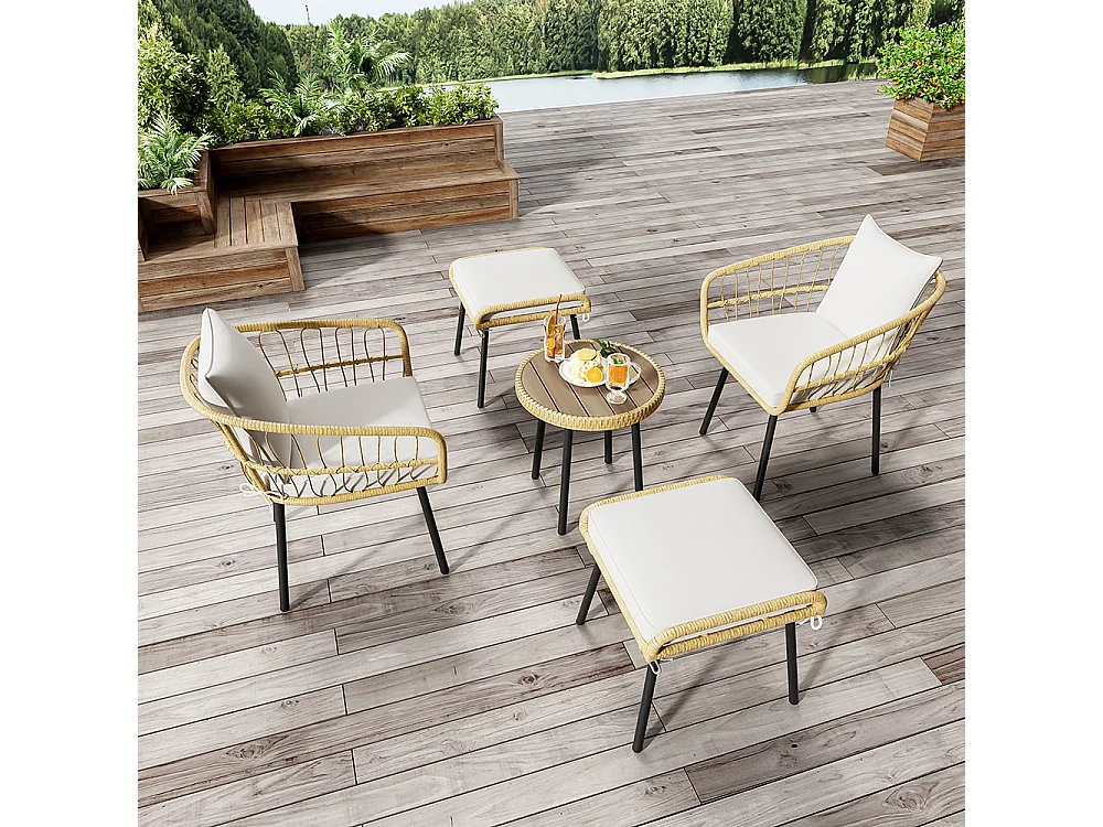 Ensemble table chaise de jardin Set 5 pièces composé d'une table à manger deux tabourets de meubles en rotin Naturel