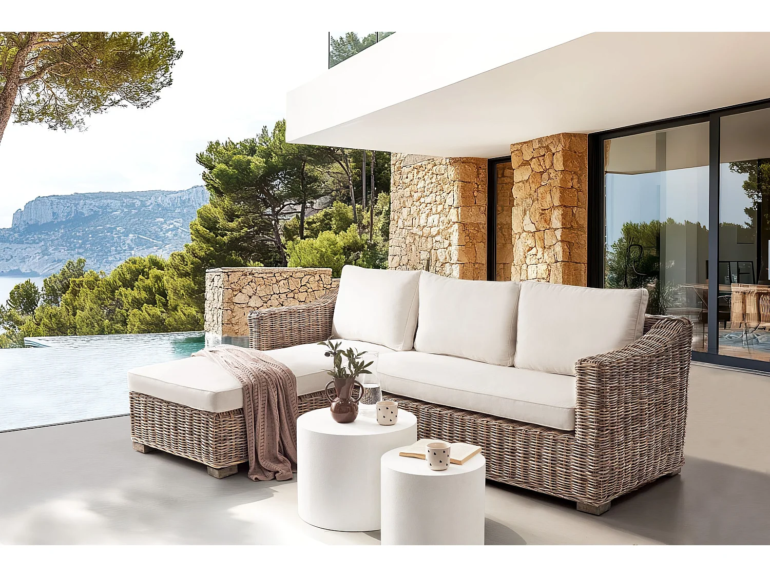 Garten Ecksofa 3-Sitzer VALLETRI rechtsseitig Rattan Grau