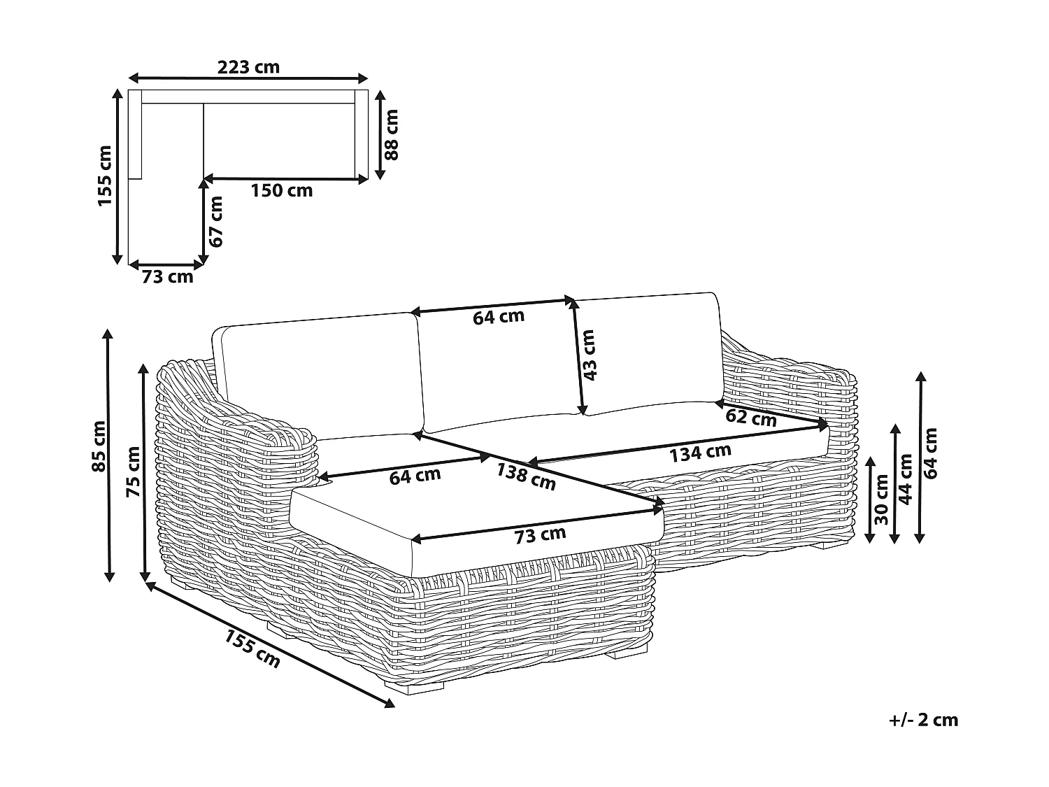 Garten Ecksofa 3-Sitzer VALLETRI rechtsseitig Rattan Grau
