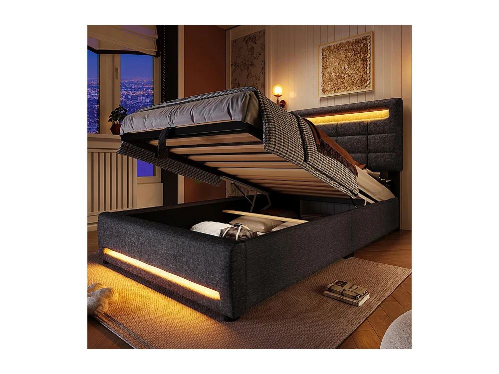 Lit coffre 90×200 cm télécommande APP bande lumineuse d'ambiance sous le lit suspension hydraulique avec prise USB lin Gris