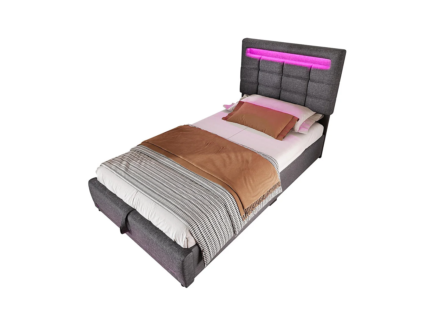 Lit coffre 90×200 cm télécommande APP bande lumineuse d'ambiance sous le lit suspension hydraulique avec prise USB lin Gris