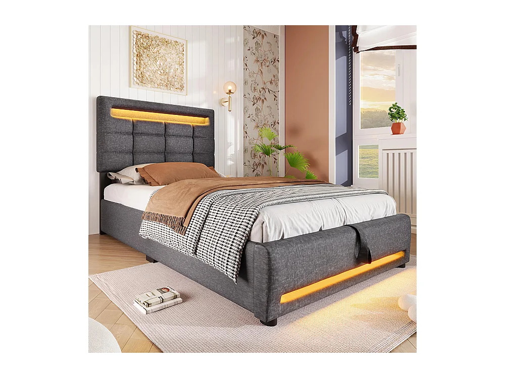 Lit coffre 90×200 cm télécommande APP bande lumineuse d'ambiance sous le lit suspension hydraulique avec prise USB lin Gris