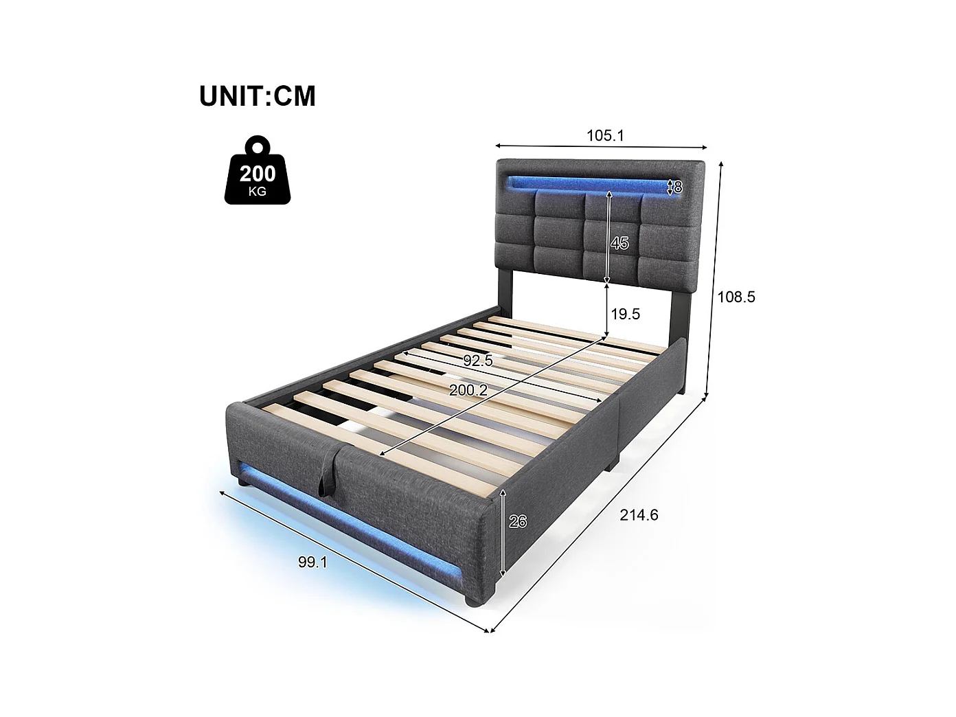 Lit coffre 90×200 cm télécommande APP bande lumineuse d'ambiance sous le lit suspension hydraulique avec prise USB lin Gris