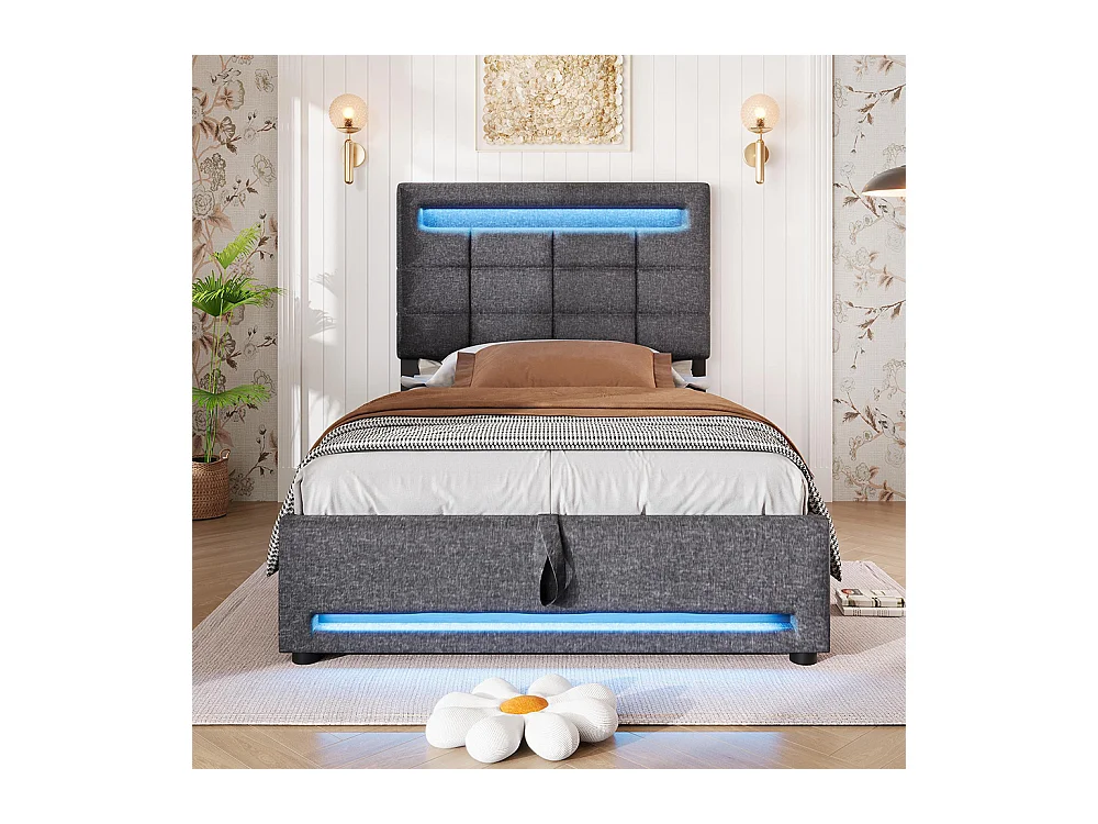 Lit coffre 90×200 cm télécommande APP bande lumineuse d'ambiance sous le lit suspension hydraulique avec prise USB lin Gris