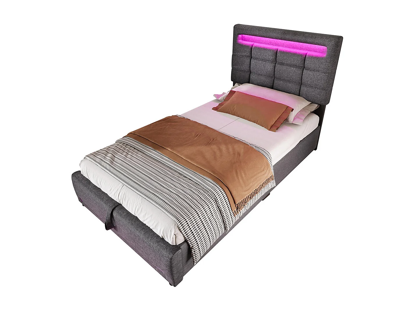 Lit coffre 90×200 cm télécommande APP bande lumineuse d'ambiance sous le lit suspension hydraulique avec prise USB lin Gris