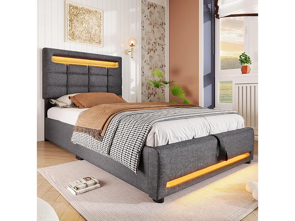 Lit coffre 90×200 cm télécommande APP bande lumineuse d'ambiance sous le lit suspension hydraulique avec prise USB lin Gris