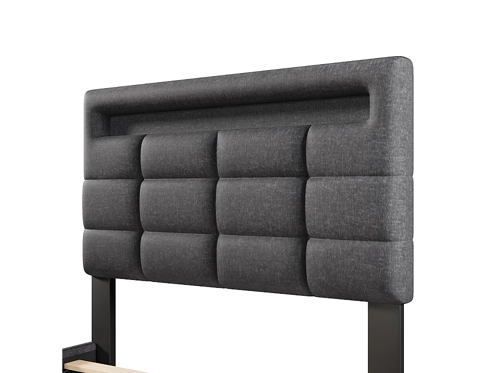 Lit coffre 90×200 cm télécommande APP bande lumineuse d'ambiance sous le lit suspension hydraulique avec prise USB lin Gris