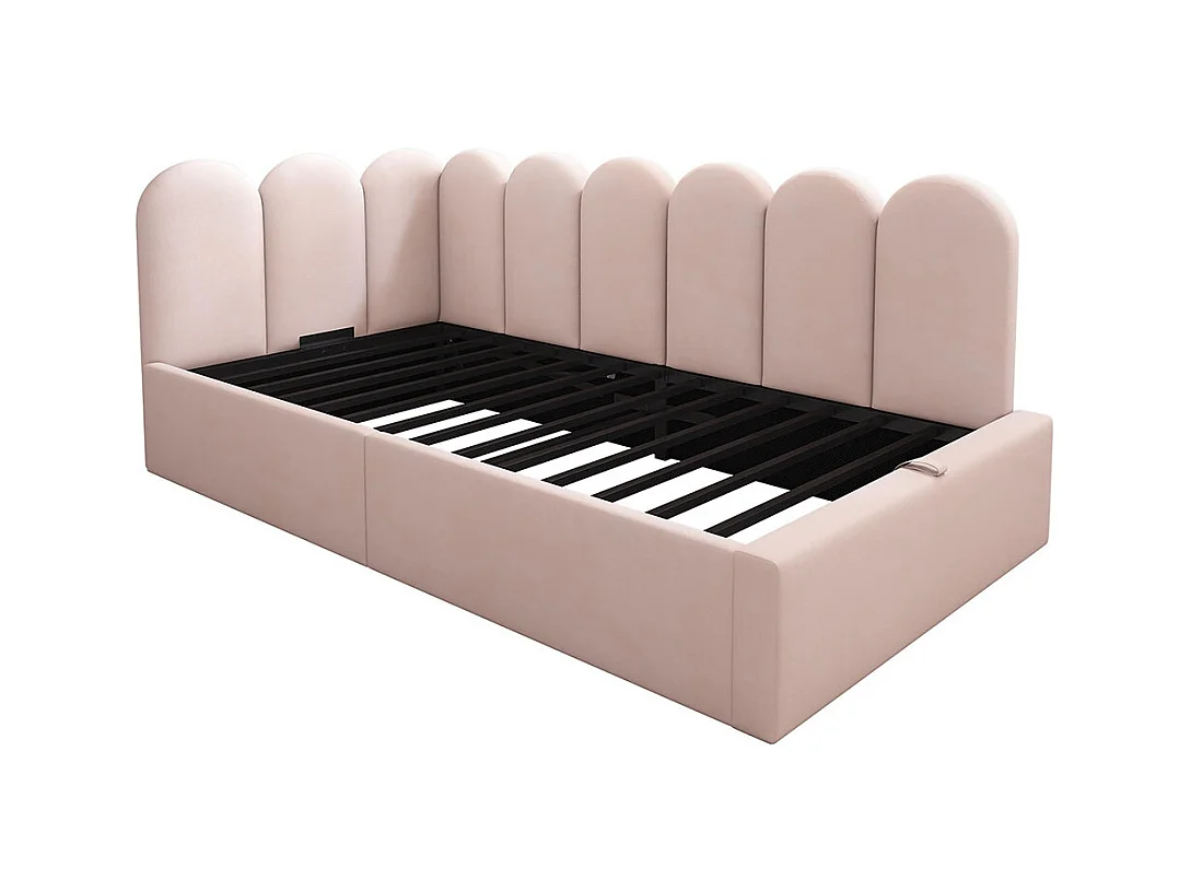 Lit coffre 90x190 cm lit de jour avec espace de rangement hydraulique lit enfant avec sommier à lattes métalliques velours Rose