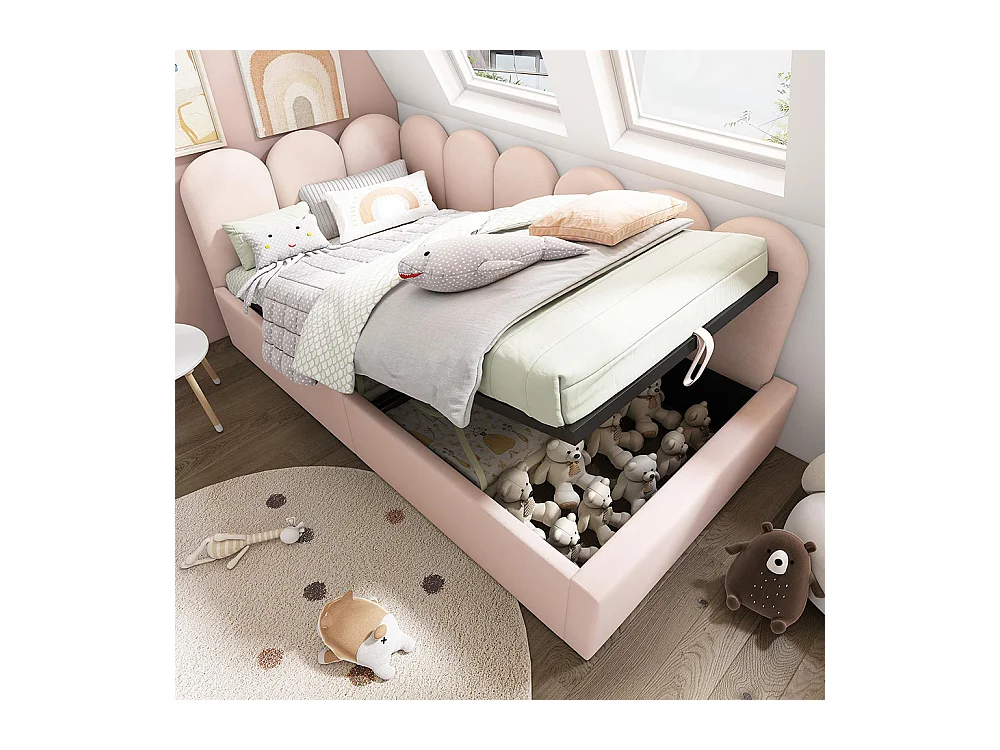 Lit coffre 90x190 cm lit de jour avec espace de rangement hydraulique lit enfant avec sommier à lattes métalliques velours Rose
