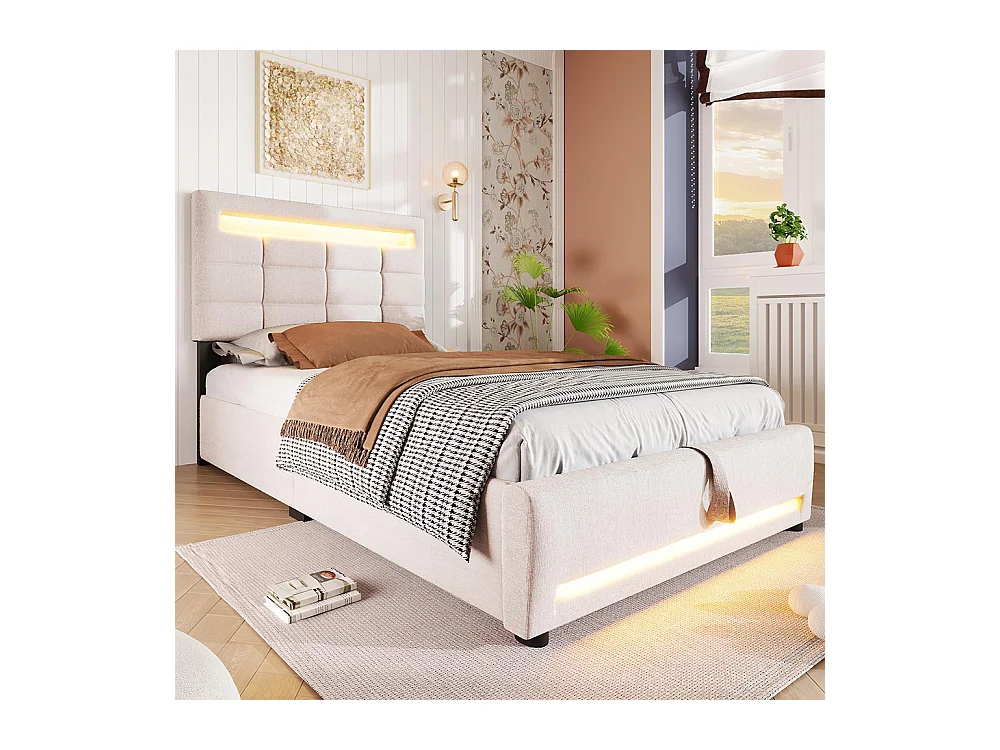 Lit coffre 90×200 cm télécommande APP bande lumineuse d'ambiance sous le lit suspension hydraulique avec prise USB lin Beige