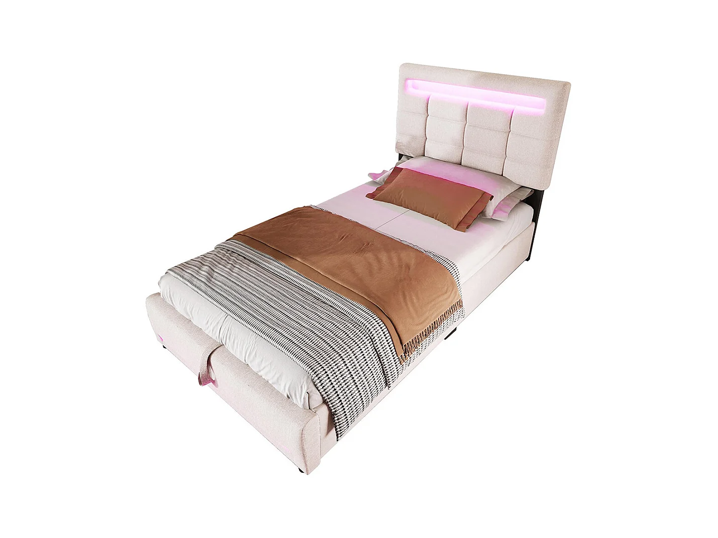 Lit coffre 90×200 cm télécommande APP bande lumineuse d'ambiance sous le lit suspension hydraulique avec prise USB lin Beige