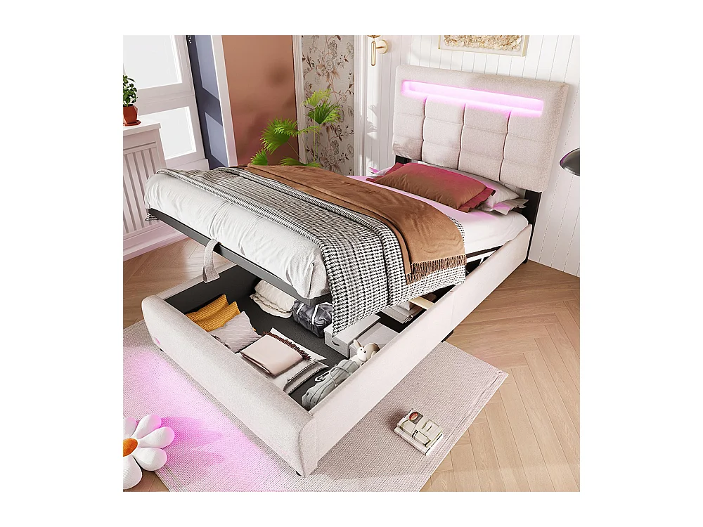 Lit coffre 90×200 cm télécommande APP bande lumineuse d'ambiance sous le lit suspension hydraulique avec prise USB lin Beige