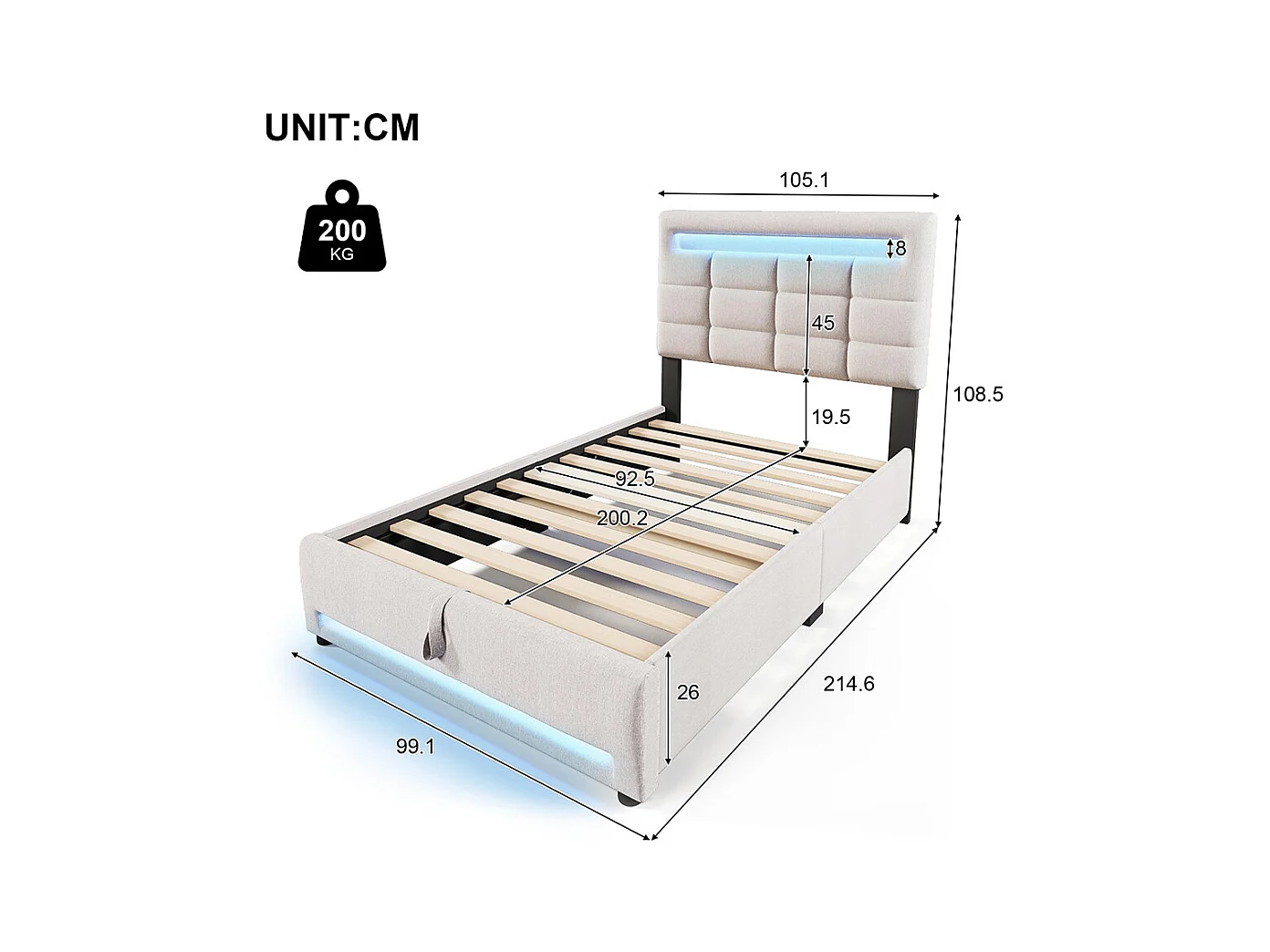 Lit coffre 90×200 cm télécommande APP bande lumineuse d'ambiance sous le lit suspension hydraulique avec prise USB lin Beige