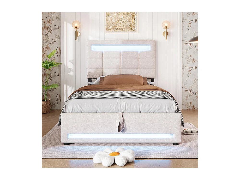 Lit coffre 90×200 cm télécommande APP bande lumineuse d'ambiance sous le lit suspension hydraulique avec prise USB lin Beige