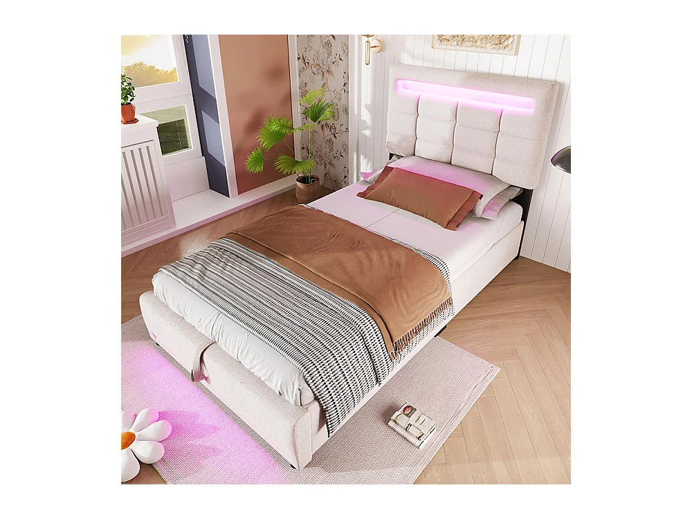 Lit coffre 90×200 cm télécommande APP bande lumineuse d'ambiance sous le lit suspension hydraulique avec prise USB lin Beige