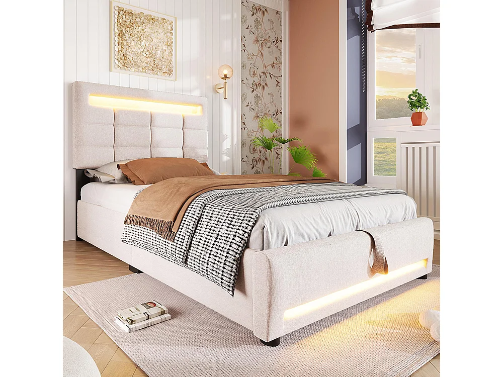 Lit coffre 90×200 cm télécommande APP bande lumineuse d'ambiance sous le lit suspension hydraulique avec prise USB lin Beige