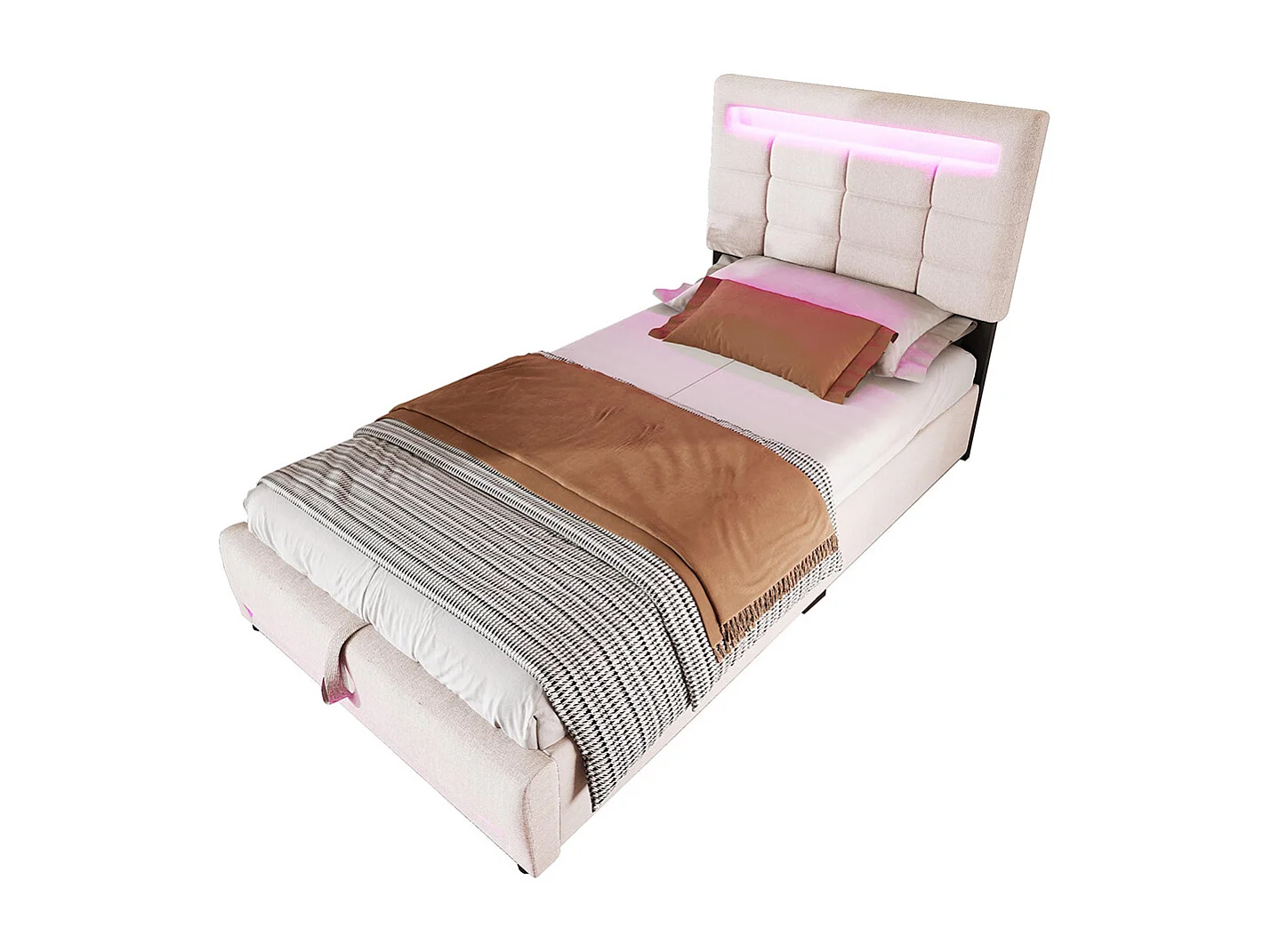 Lit coffre 90×200 cm télécommande APP bande lumineuse d'ambiance sous le lit suspension hydraulique avec prise USB lin Beige