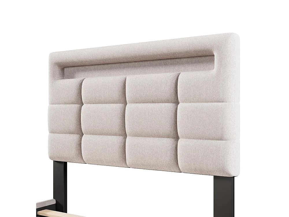 Lit coffre 90×200 cm télécommande APP bande lumineuse d'ambiance sous le lit suspension hydraulique avec prise USB lin Beige