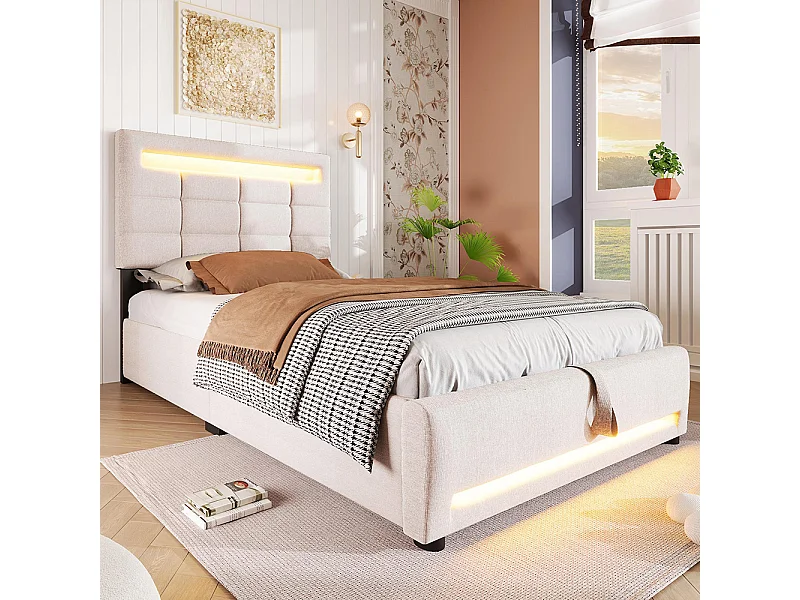 Lit coffre 90×200 cm télécommande APP bande lumineuse d'ambiance sous le lit suspension hydraulique avec prise USB lin Beige