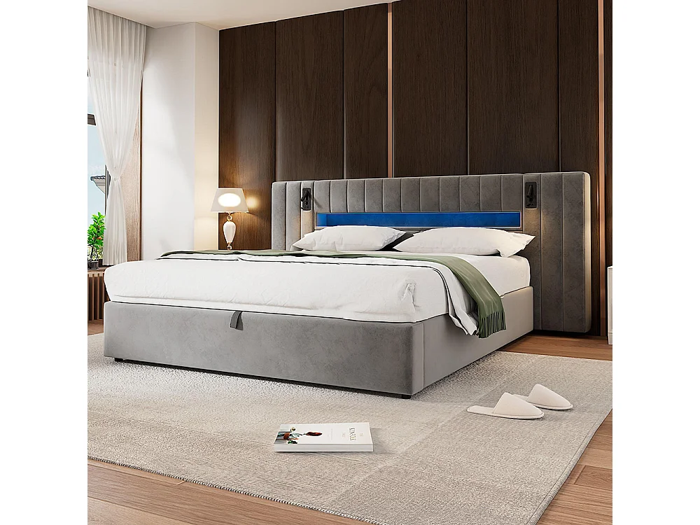 Lit coffre 180x200 cm avec port USB lit double lit fonctionnel avec éclairage LED avec lampe de chevet Velours Gris