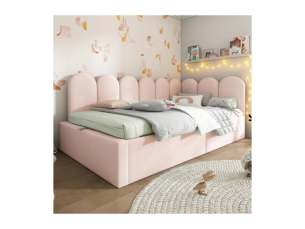 Lit coffre 90x200 cm lit de jour avec espace de rangement hydraulique lit enfant avec sommier à lattes métalliques velours Rose