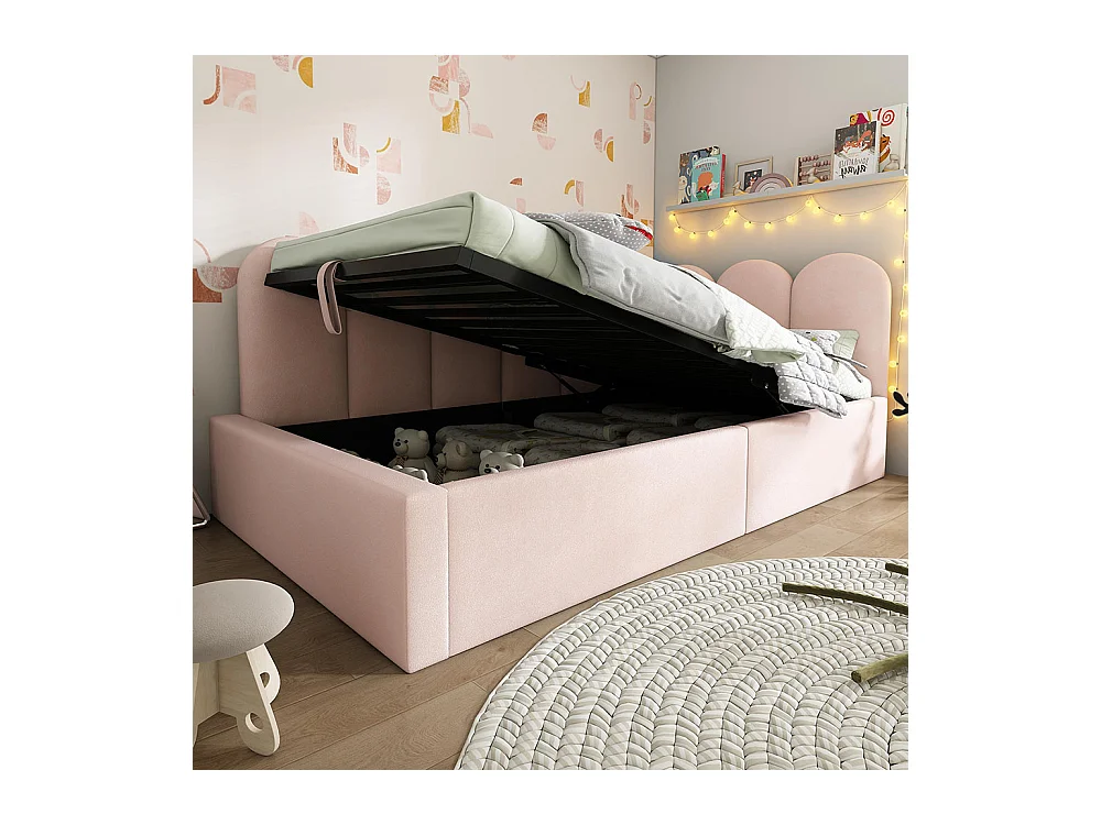 Lit coffre 90x200 cm lit de jour avec espace de rangement hydraulique lit enfant avec sommier à lattes métalliques velours Rose