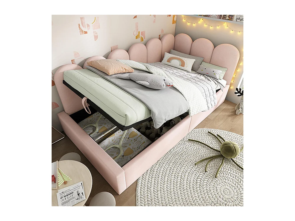 Lit coffre 90x200 cm lit de jour avec espace de rangement hydraulique lit enfant avec sommier à lattes métalliques velours Rose