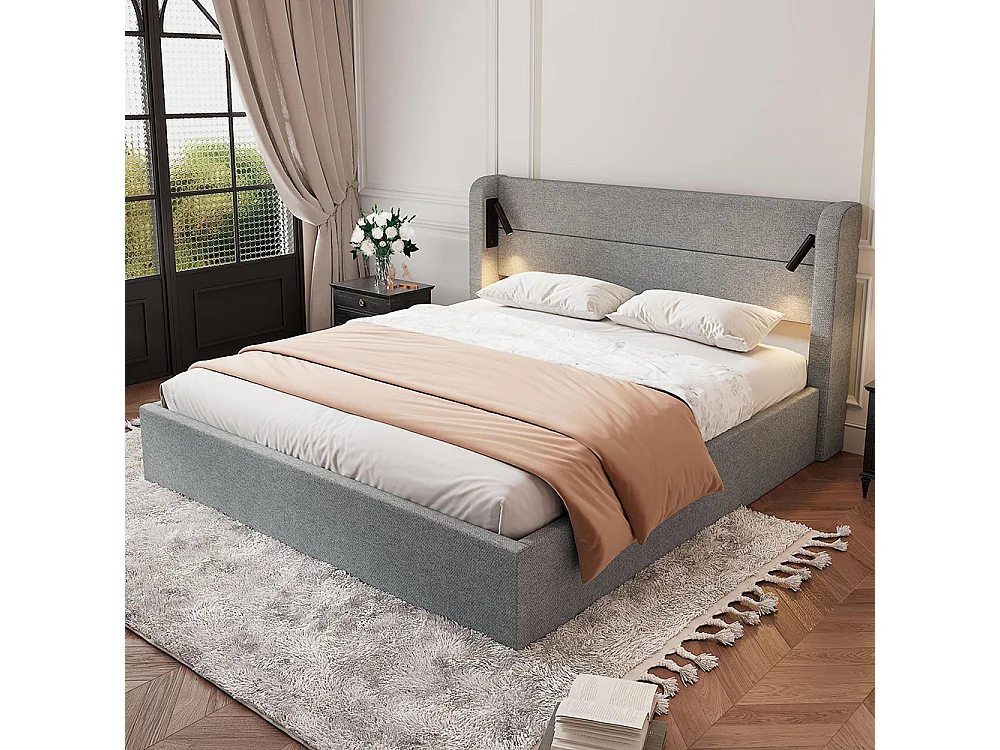 Lit coffre 180x200 cm lit rembourré lit double grand espace de rangement lit double éclairé avec lumière d'ambiance chenille Gris