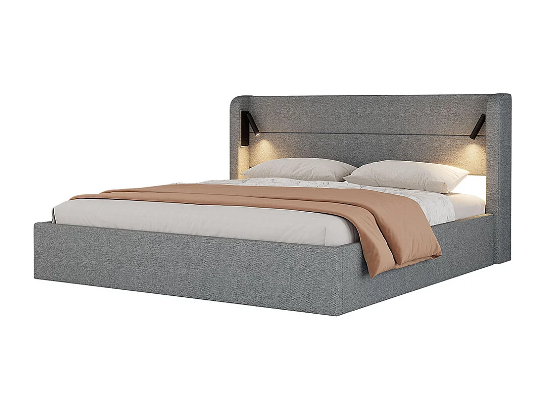 Lit coffre 180x200 cm lit rembourré lit double grand espace de rangement lit double éclairé avec lumière d'ambiance chenille Gris