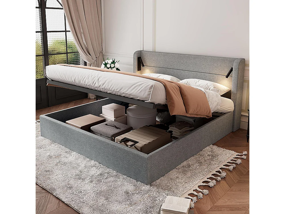 Lit coffre 180x200 cm lit rembourré lit double grand espace de rangement lit double éclairé avec lumière d'ambiance chenille Gris